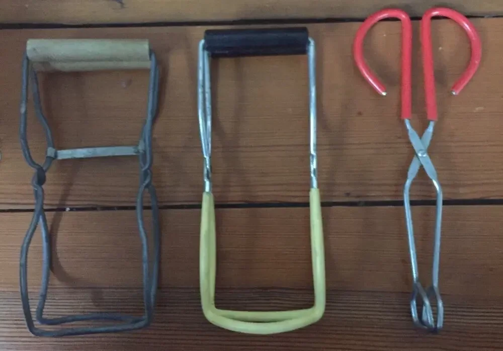 Set Lot of 3 Vintage Antique Metal Wood Handle Tongs Grips Grabbers for Canning